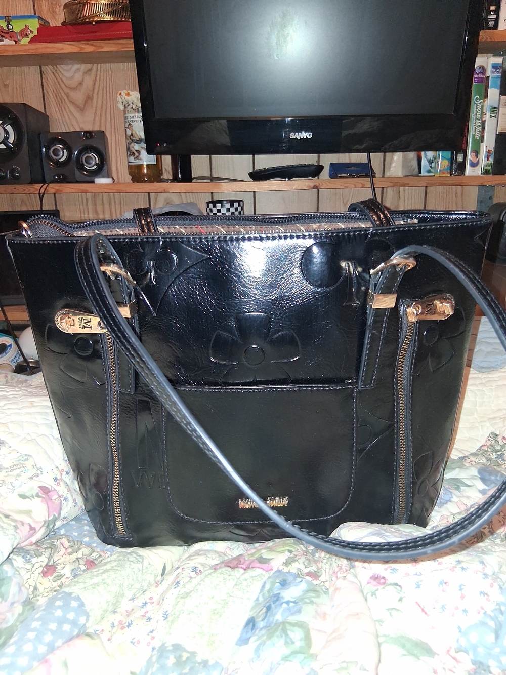 Black Floral-Embossed Patent Tote Bag